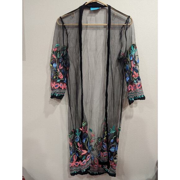Women's black sheer cover up w/gorgeous floral embroidery trim by South Main XL - Picture 1 of 7
